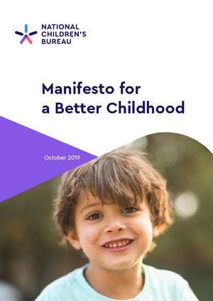 Report front cover with title Manifesto for a Better Childhood and smiling young boy