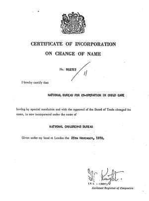 Certificate of incorporation for the National Children's Bureau