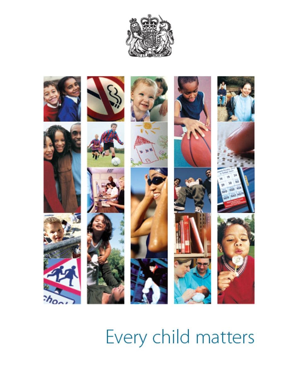 The front cover of a government document featuring a government crest and a montage of images of children, young people and adults